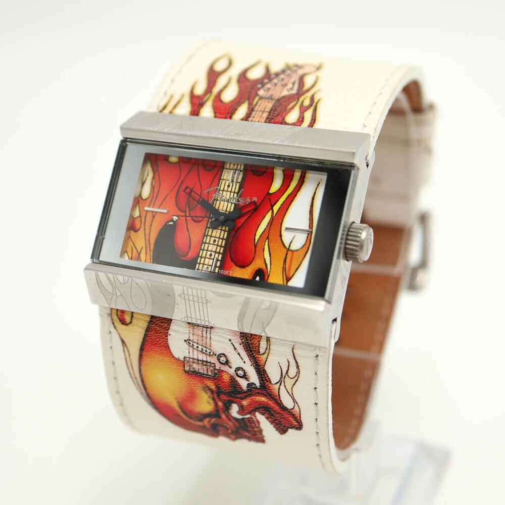 Fender Guitars Flames Skull White Leather 42mm Watch Y2K Rare w New Battery